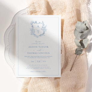 Formell Vapensköld Dusty Blue Monogram Bröllop Inbjudningar