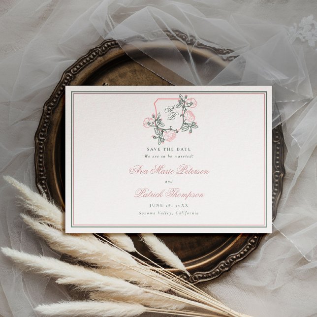 Formell vildroskammen snygg rosa bröllop spara datumet (formal wedding save the date modern classic traditional wild roses floral crest pink green preppy)