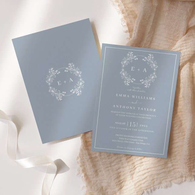 Formell Vintage Dusty Blue Monogram Bröllop Inbjudningar (Skapare uppladdad)