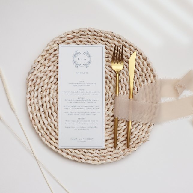 Formell Vintage Dusty Blue Monogram Bröllop Meny (Skapare uppladdad)