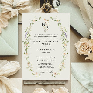 Formell Vintage Rustik Vildblomma Monogram Bröllop Inbjudningar