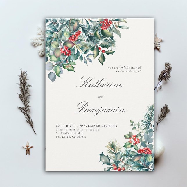Formell Winter Botanicals Red Berry Elegant bröllo Inbjudningar (elegant winter wedding invitation botanical frame formal traditional modern classic red berries)