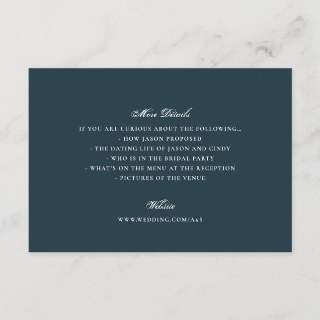 Formella Blå Kalligrafi Bröllopsdetaljer Tilläggskort (Framsida)