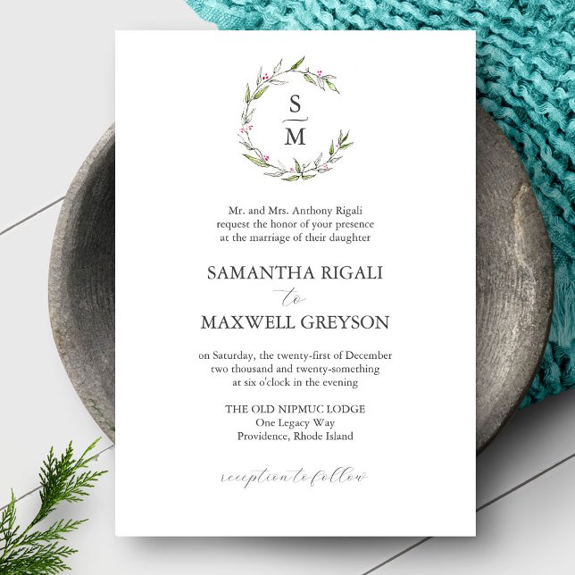 Formella bröllopsinbjudningar i Botaniska Initiale Inbjudningar (Formal wedding invitation features initials encircled by botanical art by Victoria Grigaliunas)