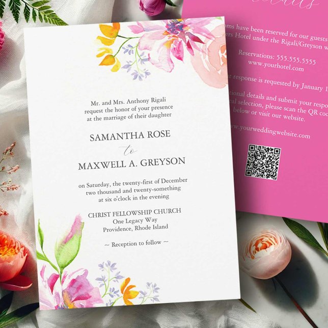 Formella bröllopsinbjudningar med QR-Blommigt Inbjudningar (Bold wedding invitations pink orange flowers QR code watercolor art by Victoria Grigaliunas )