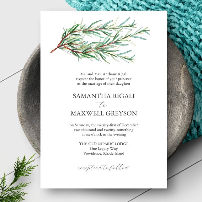Formella bröllopsinbjudningar Rustic Botanicals Inbjudningar (micro wedding invitation features flat lay of a rosemary wedding invite in watercolor)