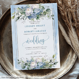 Formella Dusty Blue White Silver Flowers Bröllop Inbjudningar