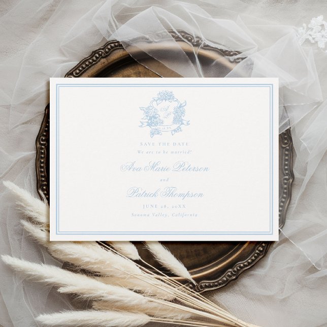 Formella Hydrangeas Crest Classic Blue Ram Wedding Spara Datumet (formal wedding save the date modern classic traditional frame hydrangea crest blue periwinkle )