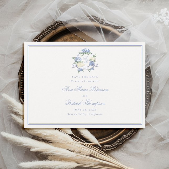 Formella Hydrangeas Krön Blue Elfenbensram Bröllop Spara Datumet (formal wedding save the date modern classic traditional frame hydrangea crest blue ivory old money)
