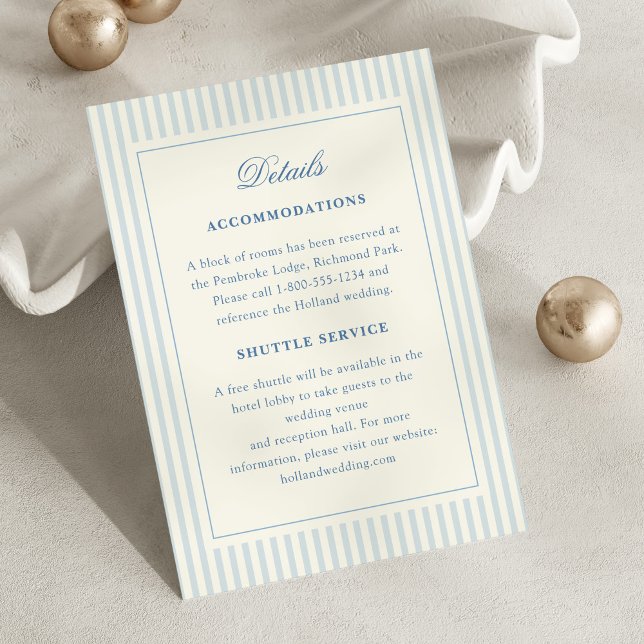 Formella Preppy Franska Blå Ränder Anvisningar Tilläggskort (classic blue stripes details wedding enclosure card)