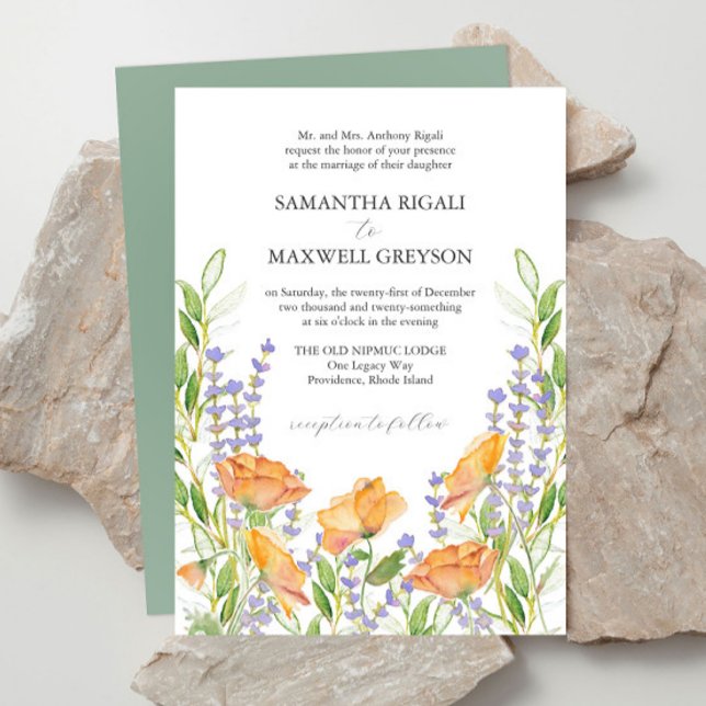 Formella vattenfärg blommiga bröllopsinbjudningar inbjudningar (Fairytale wedding invitations package features watercolor orange and lavender florals)