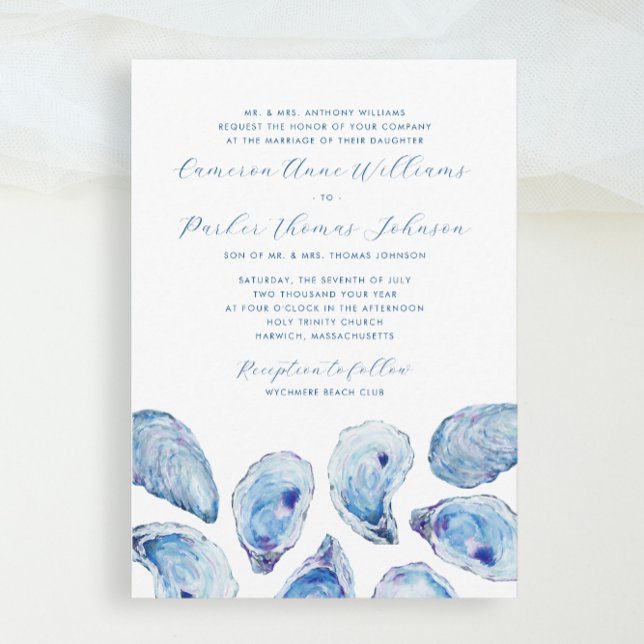 Formellt blåostrumsfärgat traditionellt Bröllop Inbjudningar (Formal Blue Oyster Watercolor Wedding invitation for an elegant traditional church ceremony)