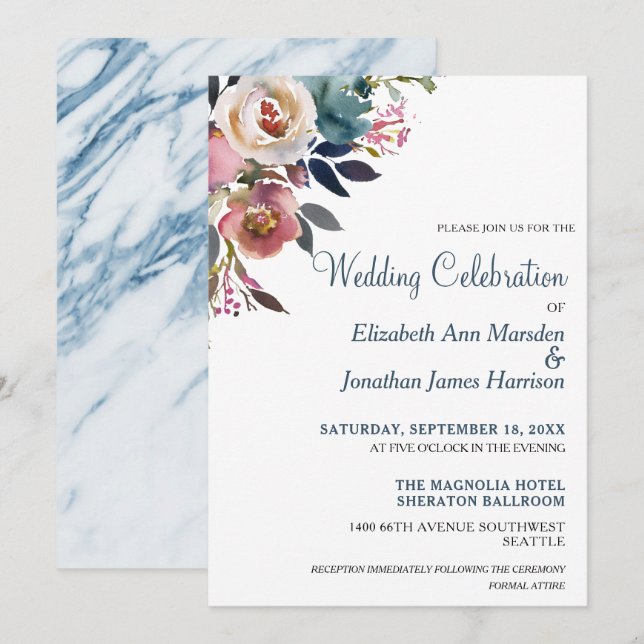 Formellt blått champagne Vin Blommigt Bröllop Inbjudningar (Fram/baksida)