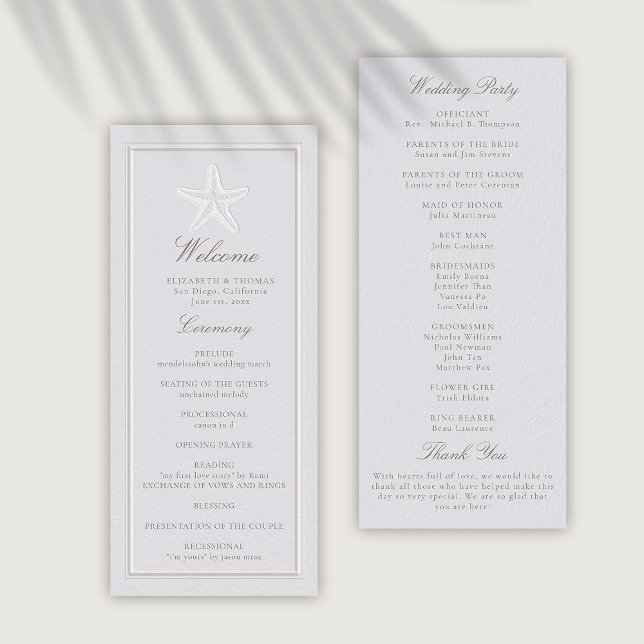 Formellt Bröllopsprogram av groddjurets kuster (coastal wedding program ceremony schedule modern classic formal traditional frame faux embossed star)