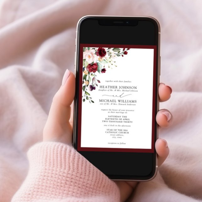 Formellt Burgundy  Blommigt Vattenfärgskript Inbjudningar (Skapare uppladdad)