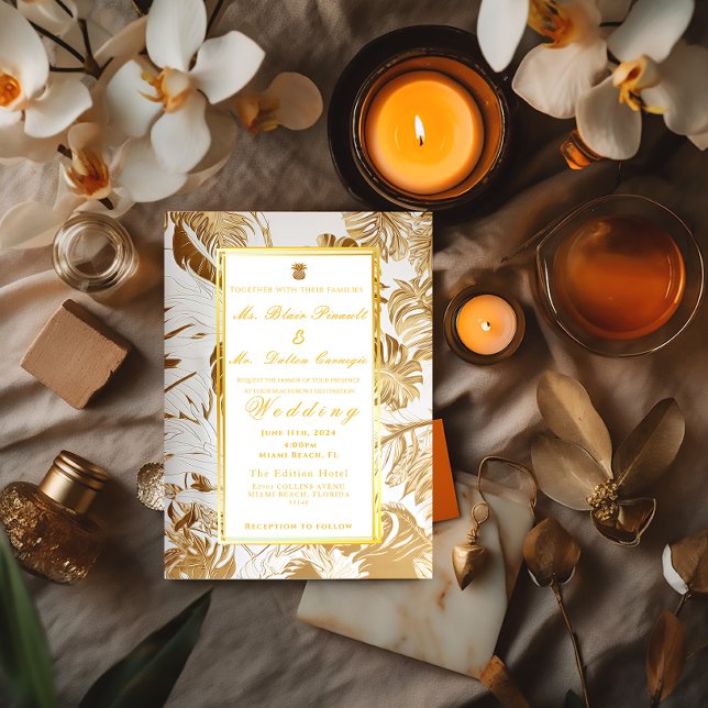 Formellt destinationsbröllop Gilded Guld Monstera Inbjudningar (Formal Elegant Gilded Gold Destination Wedding Tropical Invitation)
