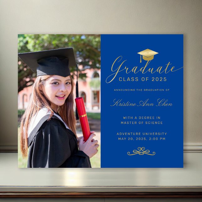 Formellt foto Studenten för budgetblått Guld (Budget Blue Gold Formal Script Photo Graduation)