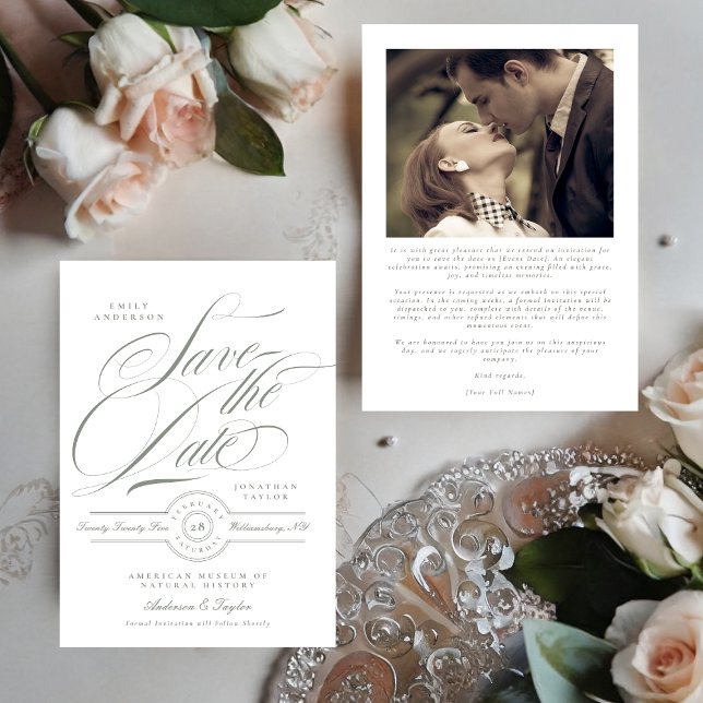 Formellt Grått Grönt Calligraphy Black Tie Photo Spara Datumet (Skapare uppladdad)