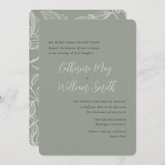 Formellt Grönt för enkel Elegant-kalligrafi Inbjudningar (Fram/baksida)