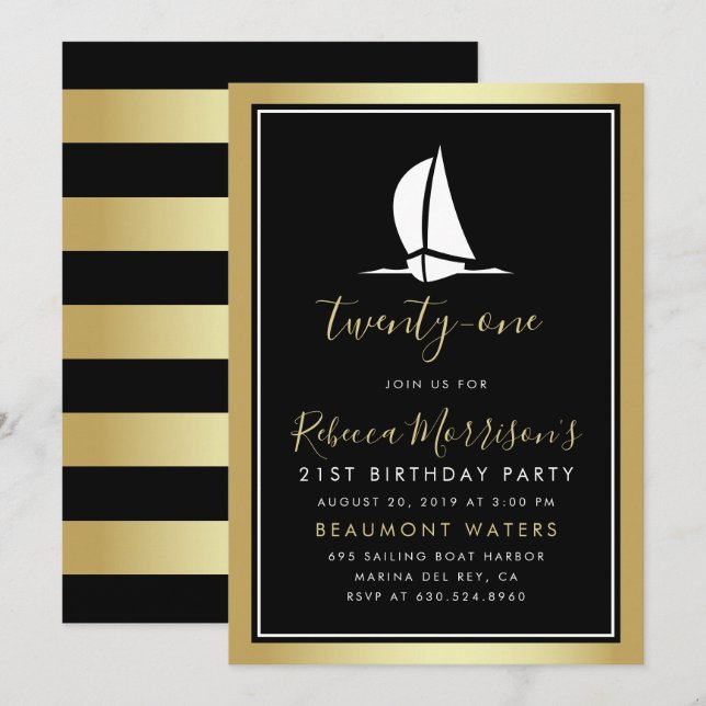 Formellt Guld Black & White Sailing Boat Birthday Inbjudningar (Fram/baksida)