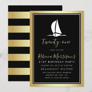 Formellt Guld Black & White Sailing Boat Birthday Inbjudningar