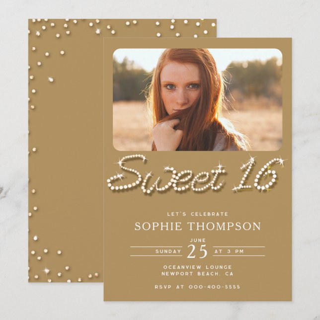 Formellt Guld Chic Classy Rhinestones Sweet 16 Pho Inbjudningar (Fram/baksida)