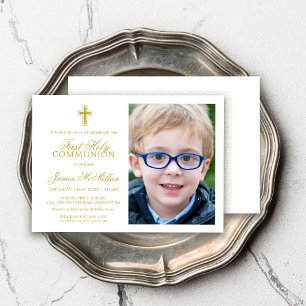 Formellt Guld White First Communion Photo Boy Inbjudningar