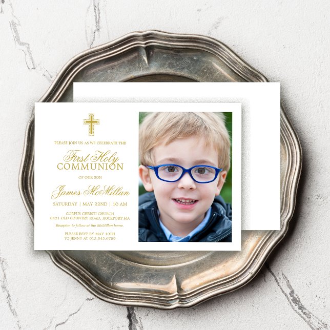 Formellt Guld White First Communion Photo Boy Inbjudningar (Skapare uppladdad)