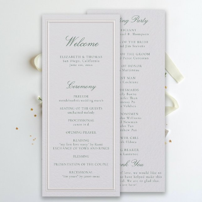 Formellt klassiskt grönt elfenbensbröllopsprogram (modern classic wedding program forest green type double frame formal traditional stately ivory)
