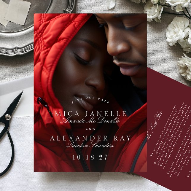 Formellt klassiskt Maron Burgundy Calligraphy Phot Spara Datumet (Skapare uppladdad)