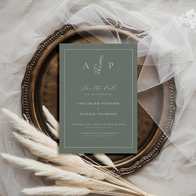 Formellt klassiskt Ram delikat Sage Sprigs Bröllop Spara Datumet (sage wedding save the date minimalist frame formal modern classic traditional botanical monograms)