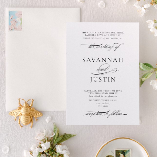 Formellt klassiskt svart och vitt Bröllop Inbjudningar (Designed for weddings where the couple and their parents are hosting the event together)
