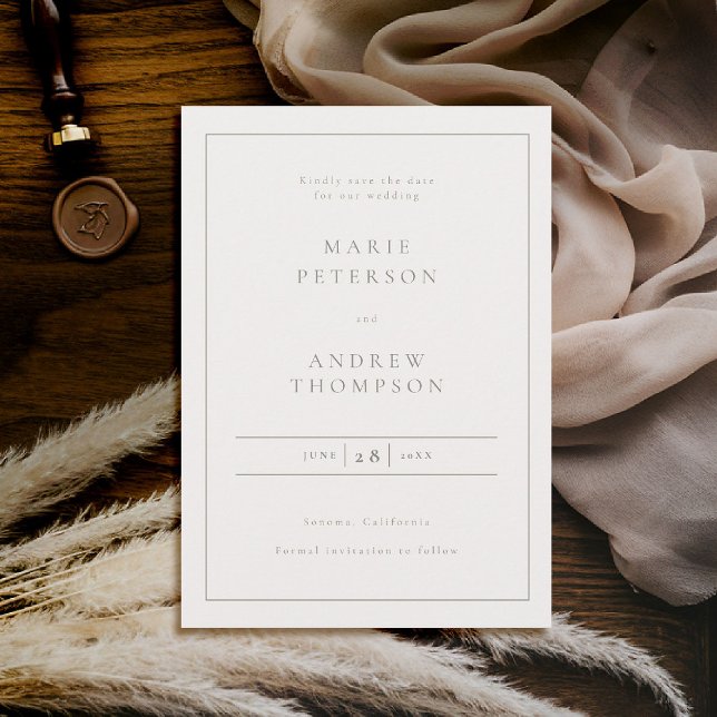 Formellt klassiskt typografi fet Ram Bröllop Spara Datumet (classic wedding save the date card elegant frame formal traditional ecru black tie typography)