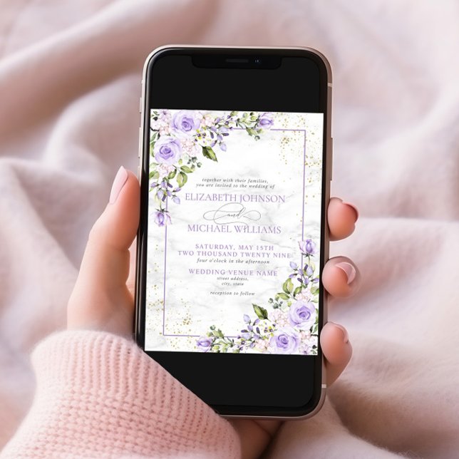 Formellt Lilac Lavender Guld Marble Blommigt Bröll Inbjudningar (Skapare uppladdad)