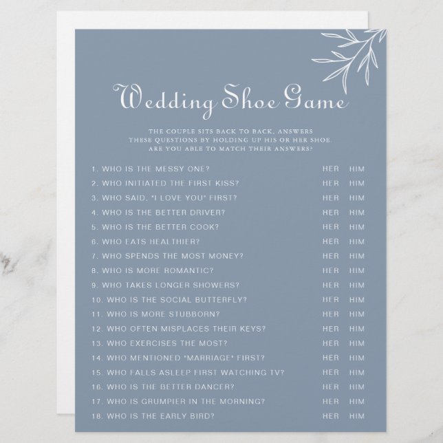 Formellt minimal Dusty Blue Bröllop Shoe Game (Fram/baksida)