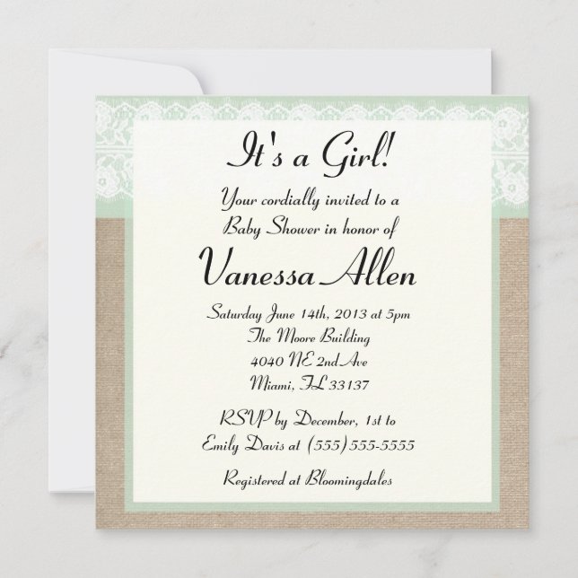 Formellt Mint Burlap Baby Shower i Snöre Inbjudningar (Framsida)