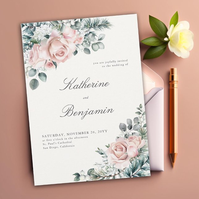 Formellt Modern Classic Winter Ro Elegant bröllop Inbjudningar (elegant winter wedding invitation blush roses foliage floral frame formal traditional calligraphy)