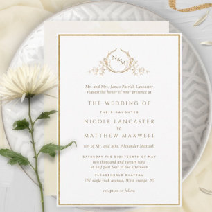 Formellt Monogram Guld och Cream Watercolor Bröllo Inbjudningar