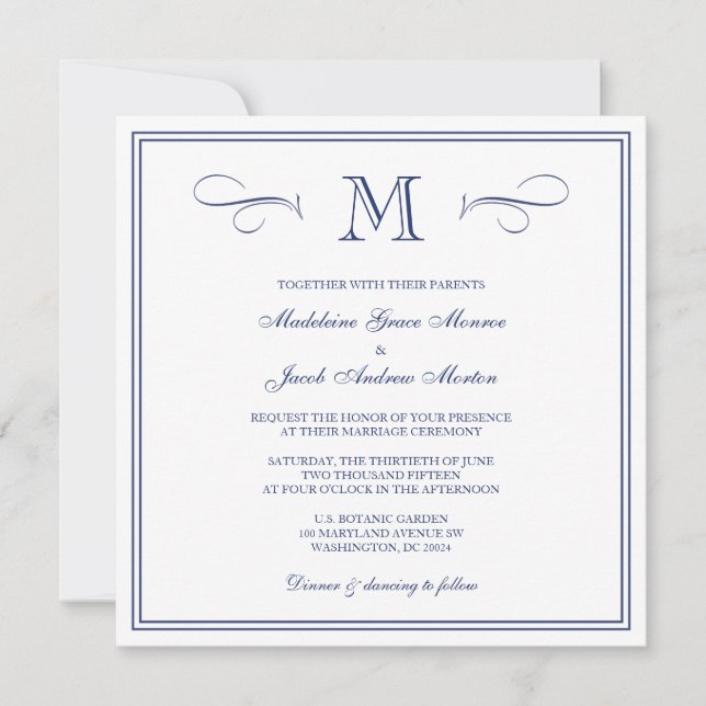 Formellt Monogram| Mörk blått Bröllop Inbjudningar (Framsida)