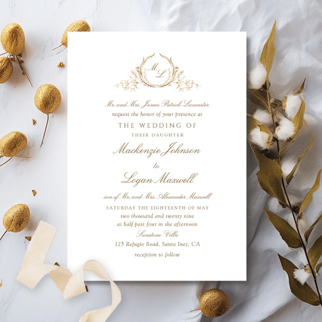 Formellt Monogram White och Guld Elegant bröllop Inbjudningar (Skapare uppladdad)