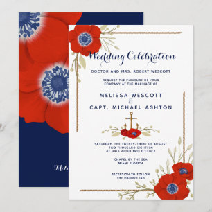 Formellt Nautical Red White & Blue Anemone Bröllop Inbjudningar