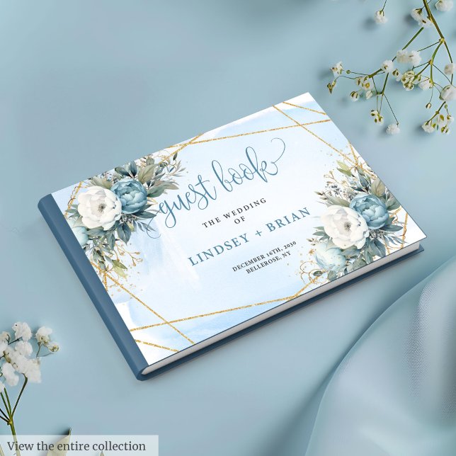 Formellt Pastel Blue Peonies Guld Bröllop Guest Bo Gästböcker (Formal Pastel Blue Peonies Gold Wedding Guest Book

)