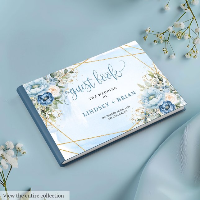 Formellt Pastel Blue White Guld Blommigt Guest Bok (Formal Pastel Blue White Gold Floral Guest Book)