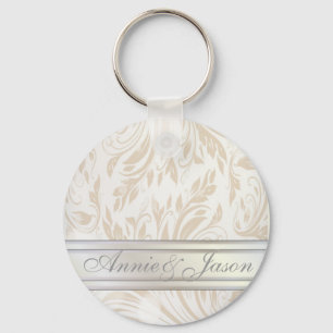 Formellt Pearl White Damask Wedding Favor Nyckelring