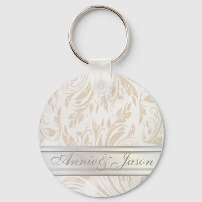 Formellt Pearl White Damask Wedding Favor Nyckelring (Framsida)