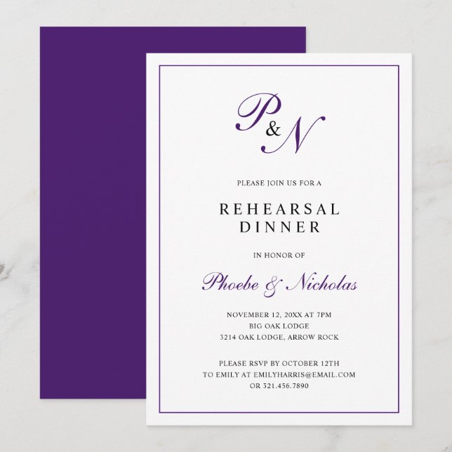 Formellt Royal Lila Monogram Rehearsal Middag Inbjudningar (Fram/baksida)