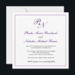 Formellt Royal Lila Monogram Square Bröllop Inbjudningar<br><div class="desc">Traditionell och klassmässig bröllopsinbjudan med en enkel design med dina två första monogram och din namn i en elegant royal lila calligrafi inuti ett tunt gräns. Baksidan är solid lila. Denna klassiska utformning är perfekt för ett formellt bröllop under hösten/hösten.</div>