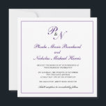 Formellt Royal Lila Monogram Square Bröllop Inbjudningar<br><div class="desc">Traditionell och klassmässig bröllopsinbjudan med en enkel design med dina två första monogram och din namn i en elegant royal lila calligrafi inuti ett tunt gräns. Baksidan är solid lila. Denna klassiska utformning är perfekt för ett formellt bröllop under hösten/hösten.</div>