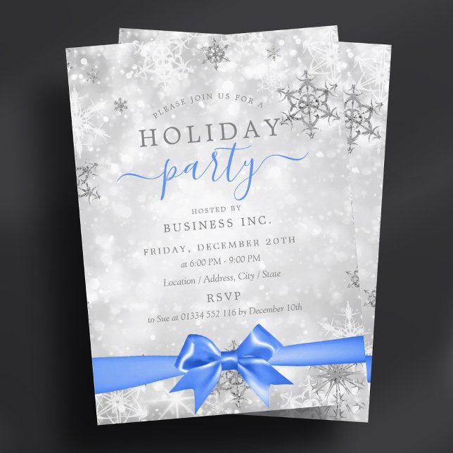 Formellt Silver-menyfliksområde Julfest Blue Inbjudningar (Formal Silver Ribbon Corporate Holiday Party Blue Invitation)
