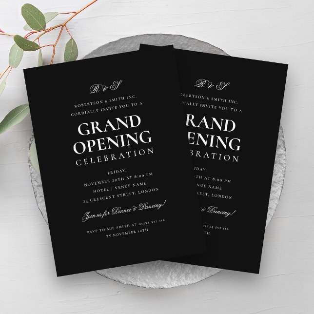 Formellt stort öppningsmonogram svart inbjudningar (Formal Corporate Grand Opening Monogram Black Invitation)